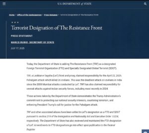 US Declares TRF Terror Group After Pahalgam Attack